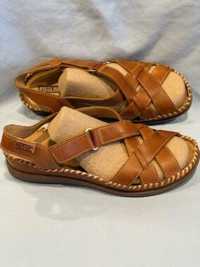 PIKOLINOS Brown Leather Woven Slide Sandals